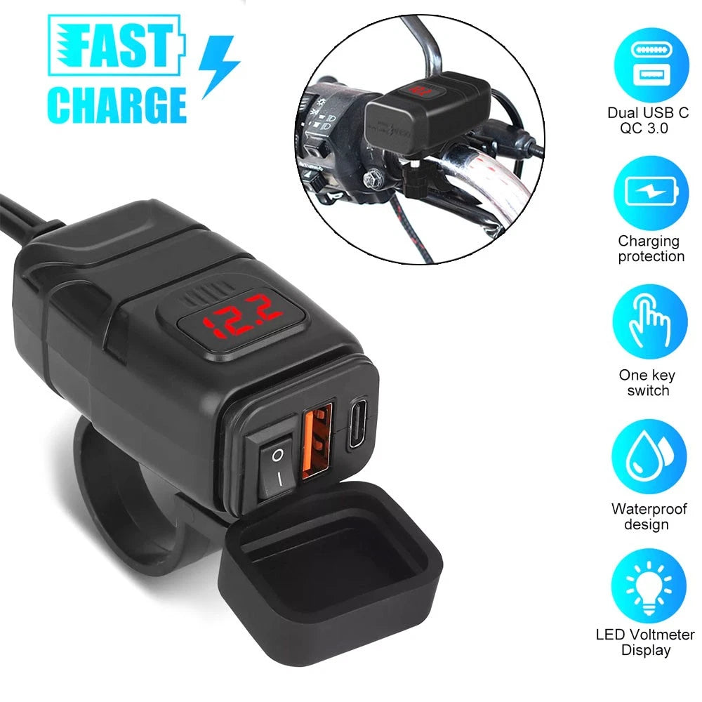 Dual USB Type-C Fast Charge Adapter PD QC 3.0 for Motorcycle ATV (2010–2023)