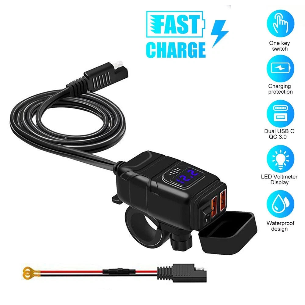 12V Dual USB Fast Charger Adapter with Voltmeter for Motorcycle (Universal)