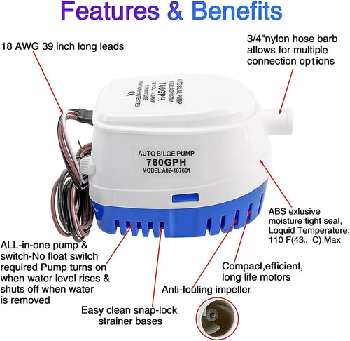 12V 760GPH Automatic Submersible Bilge Pump for Marine Boats