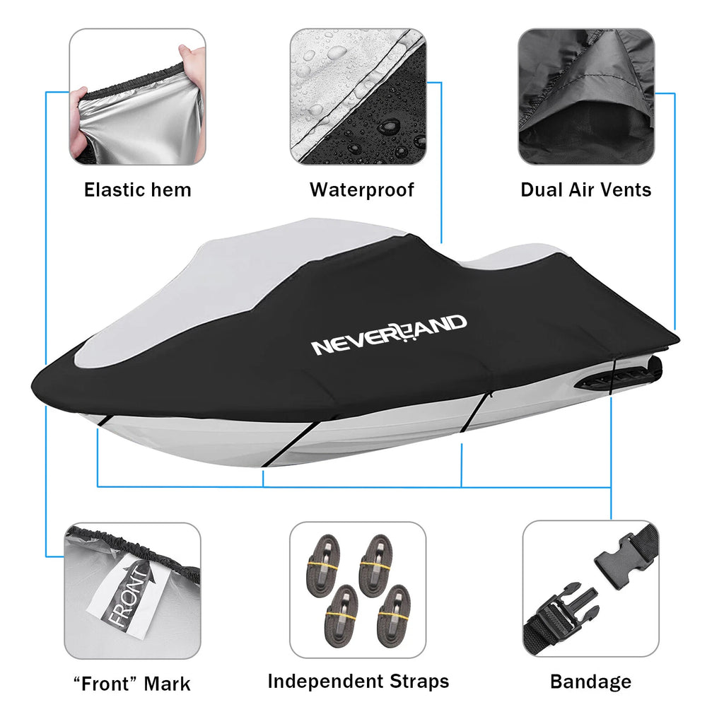 Trailerable Cover for Jet Ski (3.4m-3.7m) Waterproof Heavy Duty Black/Silver