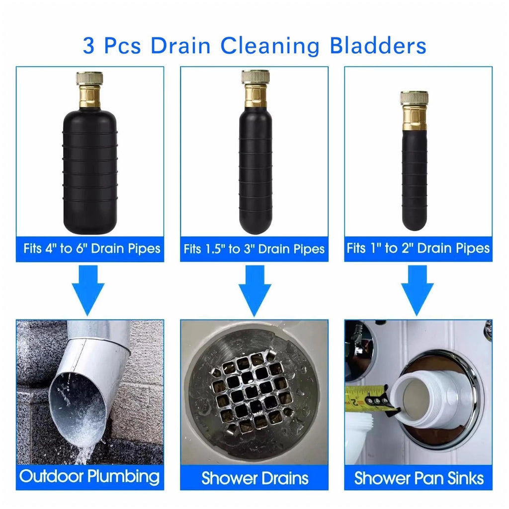 3X Rubber Drain Bladder Unclog Tool for Bathroom Sink Shower Drain (1"–6")