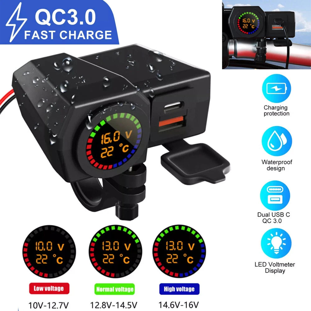 Dual USB Fast Charger Adapter QC 3.0 Type-C for Motorcycle (LED, Waterproof)