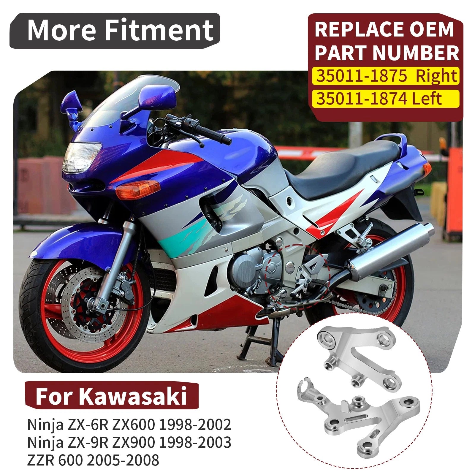 Footpeg Bracket Set for Kawasaki Ninja ZX6R ZX600 ZX9R ZX900 ZZR600 (1995–2008)
