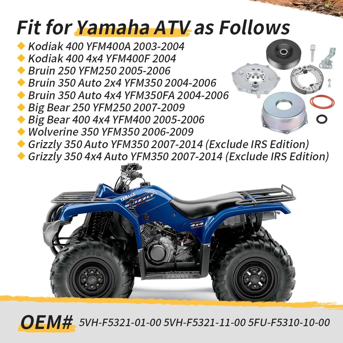Rear Brake Plate Cover Drum Shoes Kit for Yamaha Grizzly 350 (2007–2014)