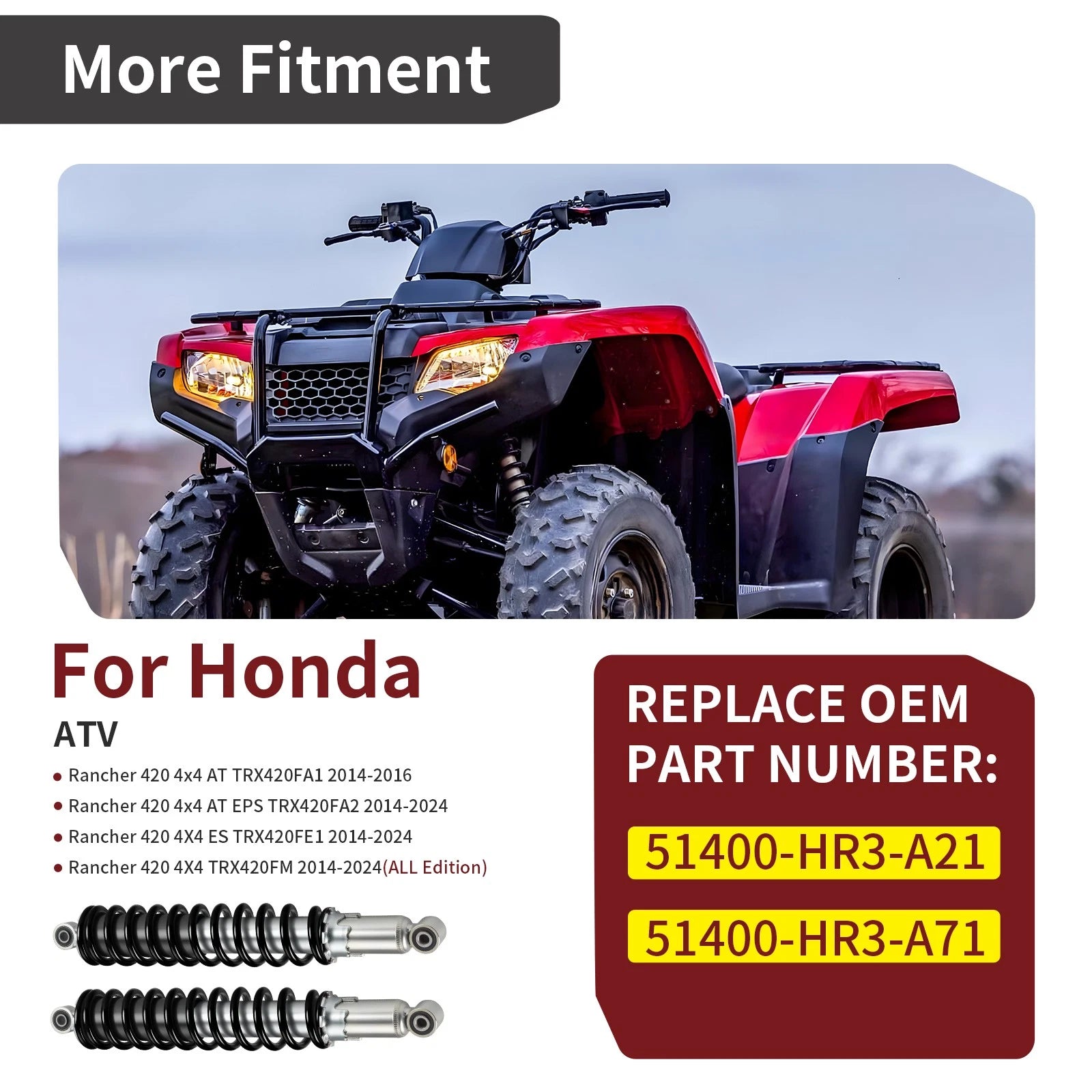 Front Shocks Set of 2 for Honda Rancher 420 4x4 AT EPS TRX420FA2 (2014–2024)