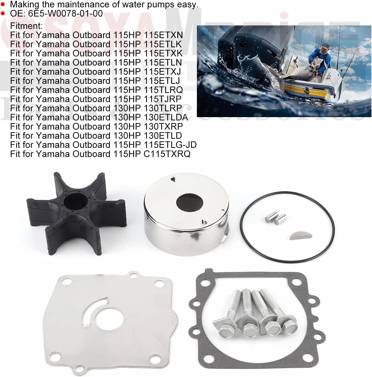 Water Pump Service Kit for Yamaha 115HP 130HP C115 L130 (18-3372, 6E5-W0078-A1)