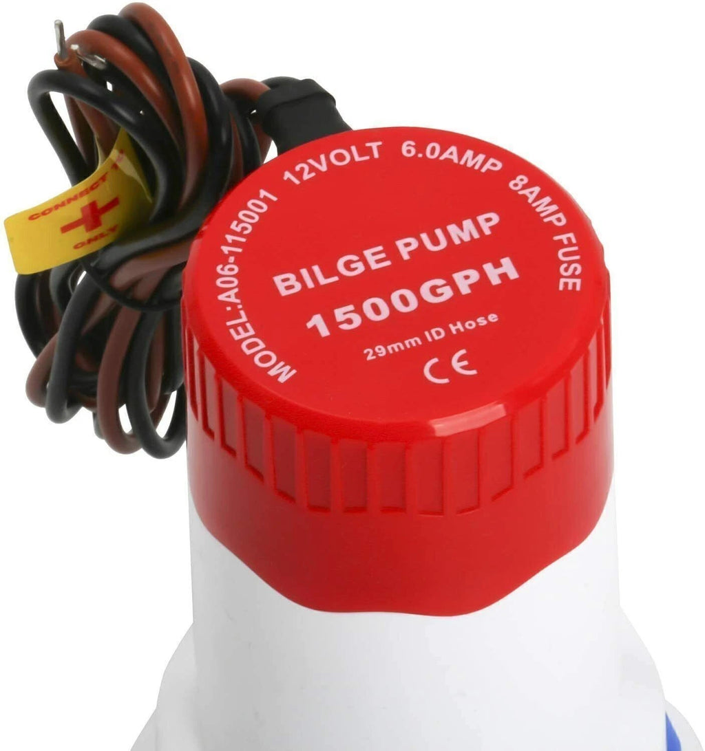 12V 1500GPH Bilge Pump for Boat (w/ Float Switch, 29mm ID Hose)