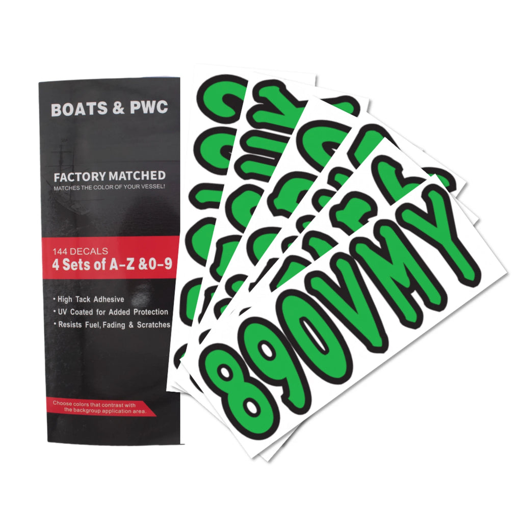 Set of 4 Personalized Boat Registration Decals A-Z & 0-9 Green