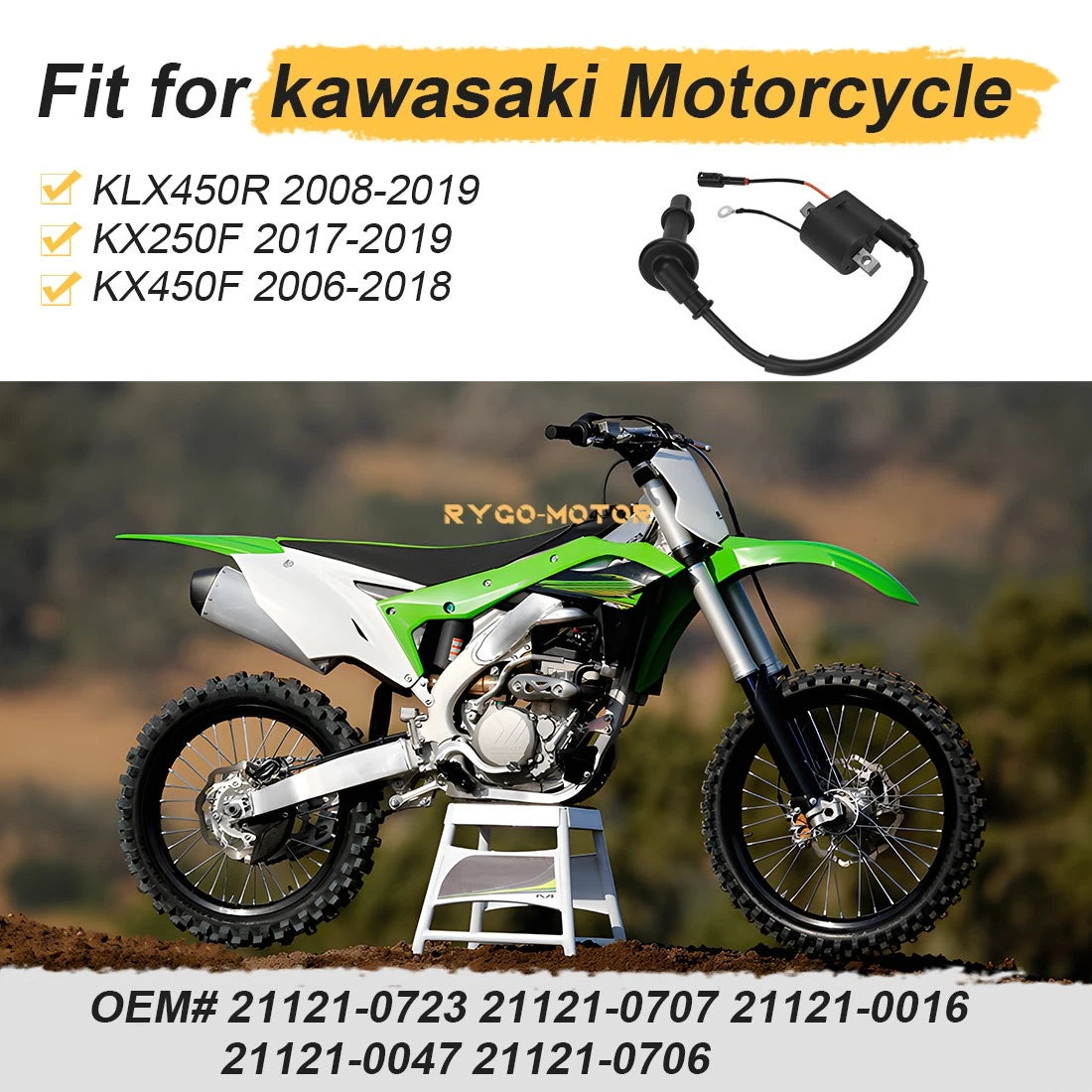 Ignition Coil & Spark Plug Cap for Kawasaki KX250 KX450 (2006–2019) 21121-0016