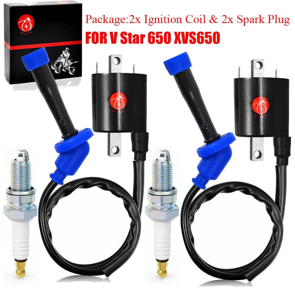 2X Ignition Coil Spark Plug for Yamaha V Star 650 (1998–2016) 4VR-82320-00