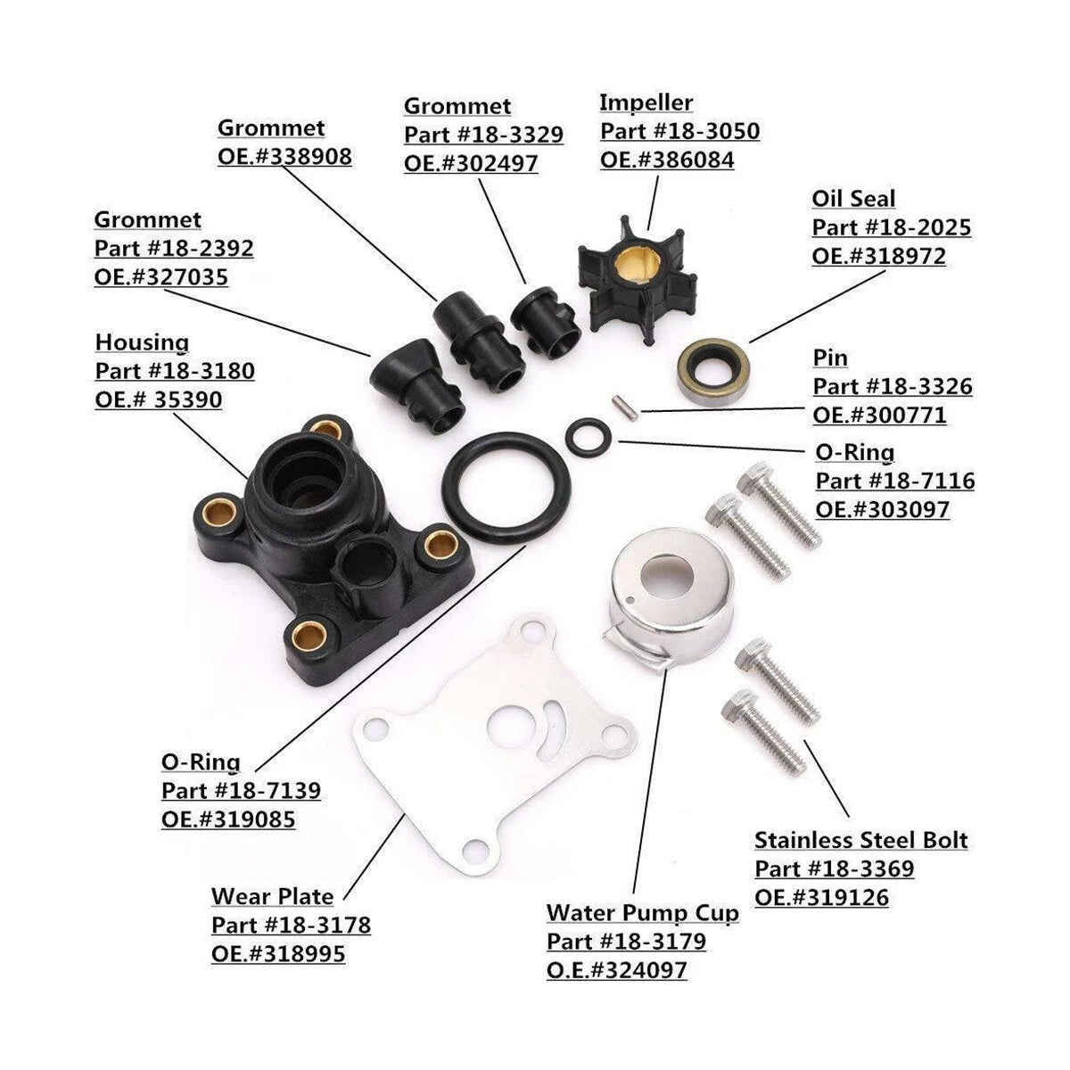 Impeller Water Pump Repair Kit for Johnson/Evinrude 9.9hp & 15hp (394711)