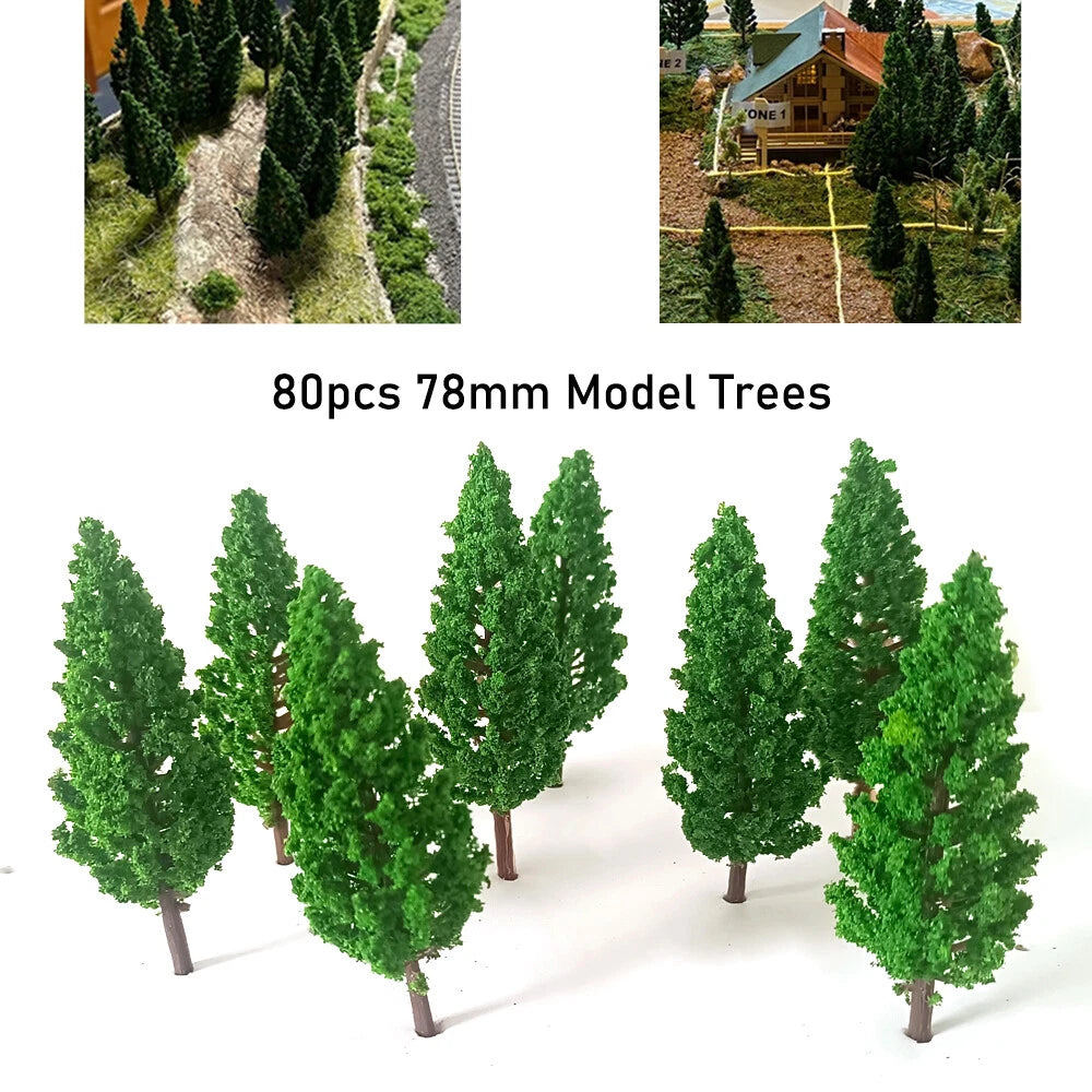 80Pcs 3.07" Green Pine Trees for Train Railway Garden Landscape