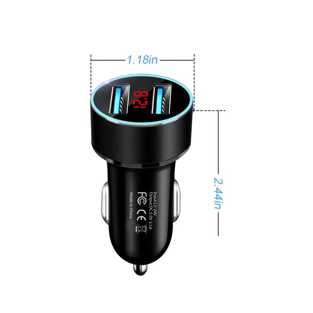 Dual USB Car Phone Charger with LED Display for Universal Use (2010–2023)
