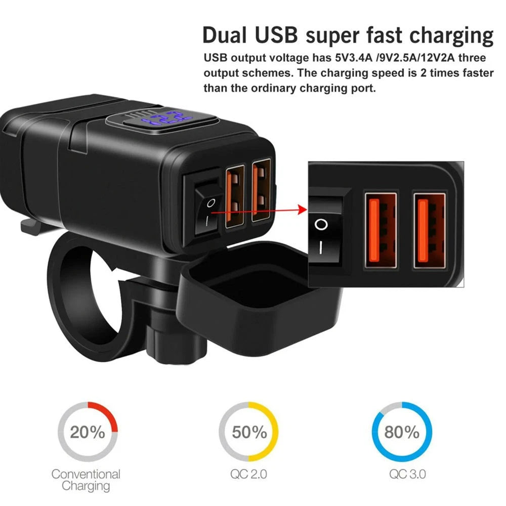 12V Dual USB Fast Charger Adapter with Voltmeter for Motorcycle (Universal)